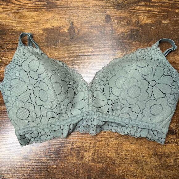 Aerie Real Happy Bra 36D Wireless Lightly Lined Candy Lace Floral Bralette Green - Picture 2 of 12